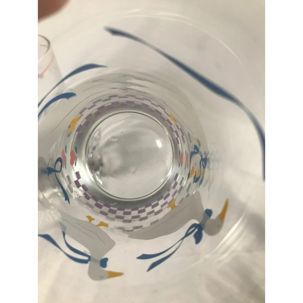 Vintage 80s Country Goose Drinking Glasses White Blue Ribbon Hearts Set of 2